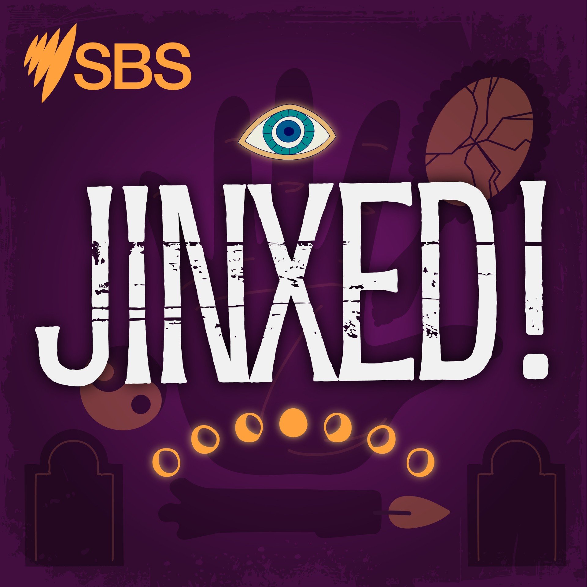 Large font in middle "Jinxed", evil eye, mirror, yin yang, moon phases image