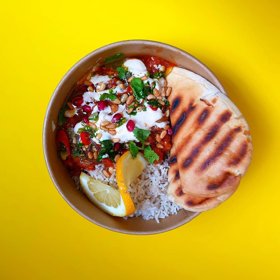 Hotpot of the day is burnt aubergine in spiced tomato sauce topped with tahini, toasted pine nuts and pomegranate with a side of lemon rice

#okaywow #neat #dublineats #aubergine #flavour #lunch #