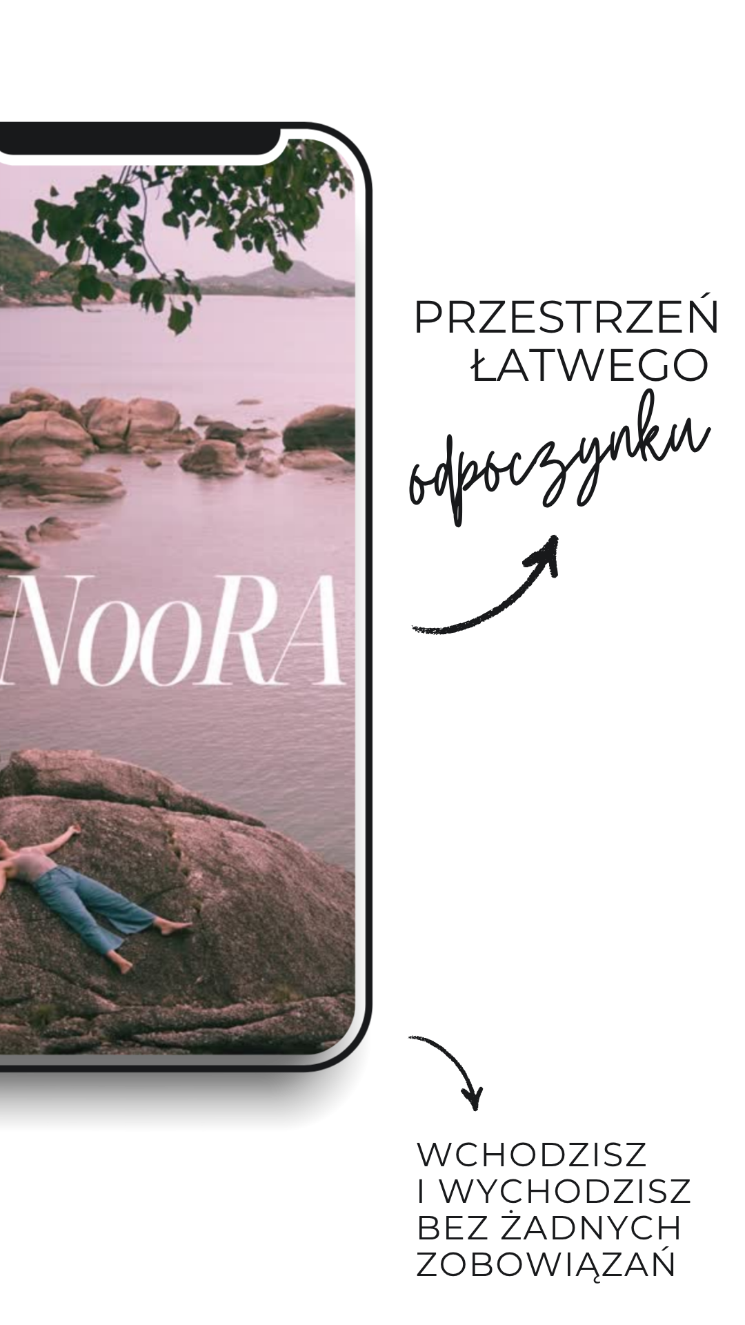 A person lying on large rocks by a lake with trees and hills in the background, and the text 'NOORA' overlaid.