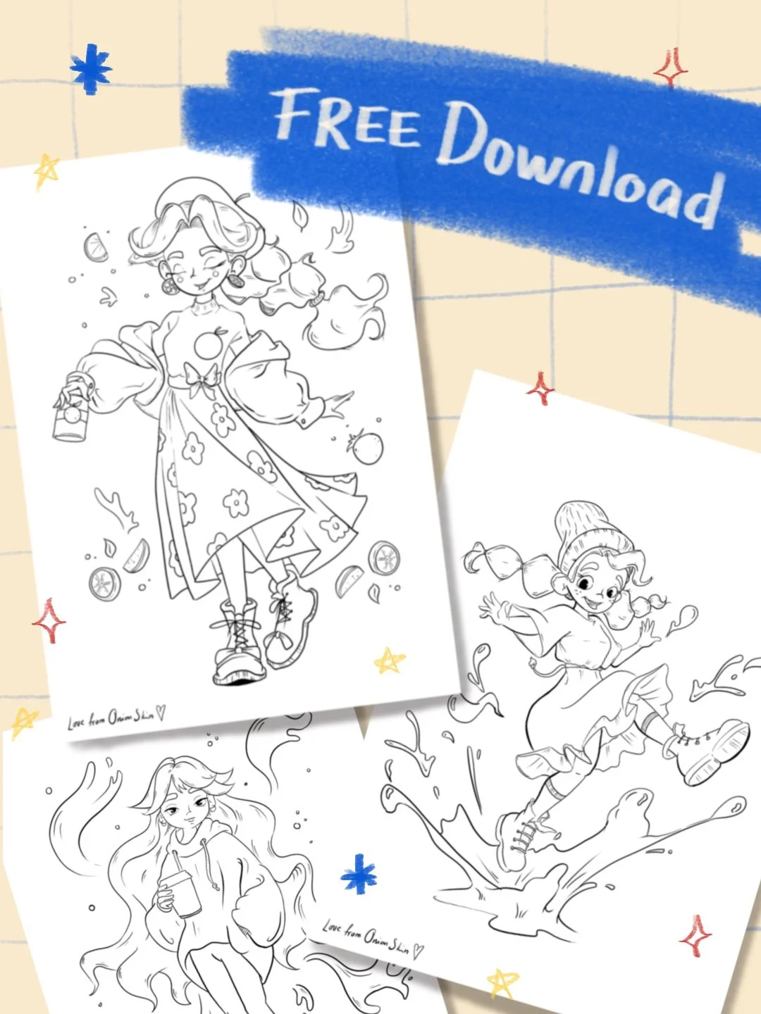 Gratis printable malebogsside med håndtegnet illustration