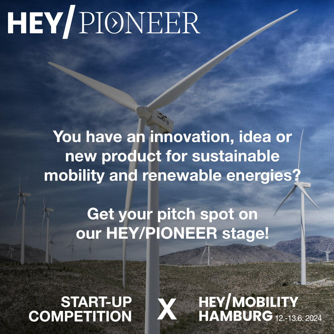 That's you? Get your pitch spot on our HEY/PIONEER stage in June 2024! We are looking for start-ups, scale-ups, innovations and new products for the future of the mobility ecosystem.

Send an e-mail to info@hey-hamburg.com or visit https://hey-hambur