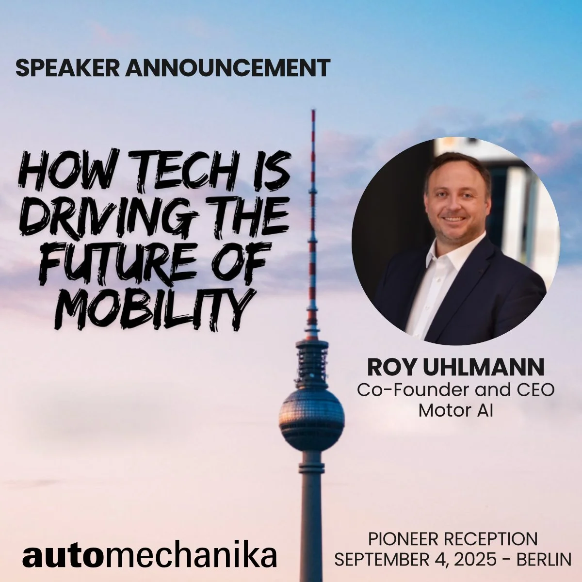 🚨 Speaker Announcement!
Wir freuen uns sehr, Roy Uhlmann, Co-Founder und CEO von MOTOR AI, als Referenten für die PIONEER-Reception im Rahmen der IFA bekannt zu geben! 
🎤 Roy wird gemeinsam mit weiteren Panelisten das Thema „How Tech i