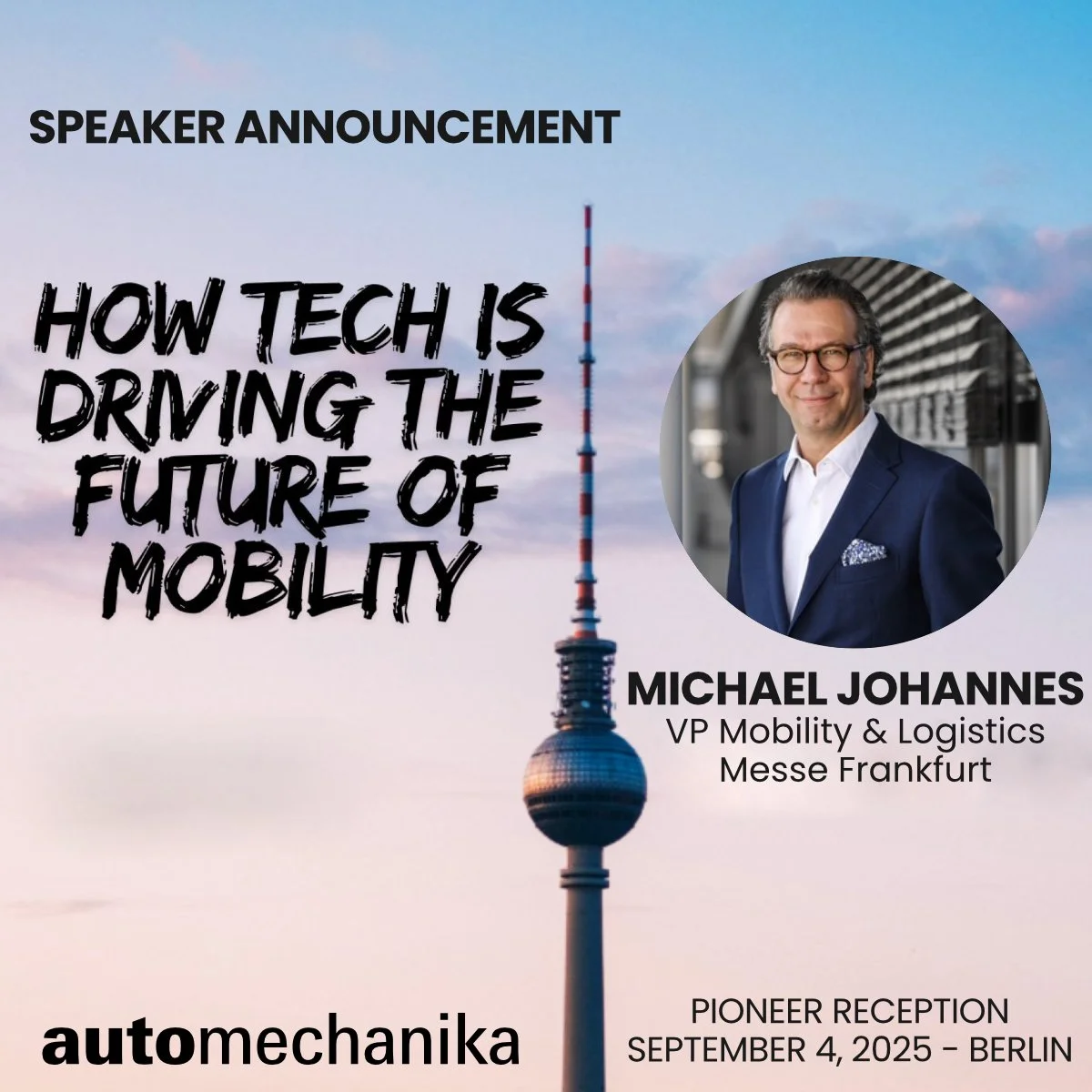 🚨 Speaker Announcement!
Wir freuen uns sehr, Michael Johannes, Vice President Mobility & Logistics, Messe Frankfurt, als Referenten für die PIONEER-Reception im Rahmen der IFA bekannt zu geben! 
🎤 Michael wird gemeinsam mit weiteren Pane