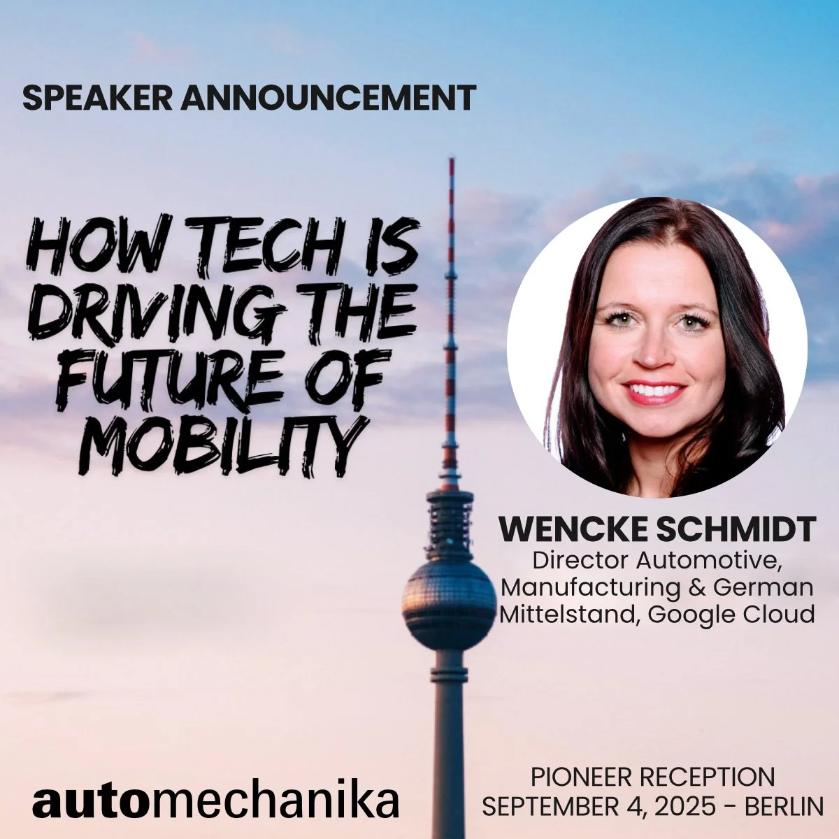 🚨 Speaker Announcement!
Wir freuen uns sehr, Wencke Schmidt, Director Automotive, Manufacturing & German Mittelstand of Google Cloud, als Referentin für die PIONEER-Reception im Rahmen der IFA bekannt zu geben! 
🎤 Wencke wird gemeinsam m