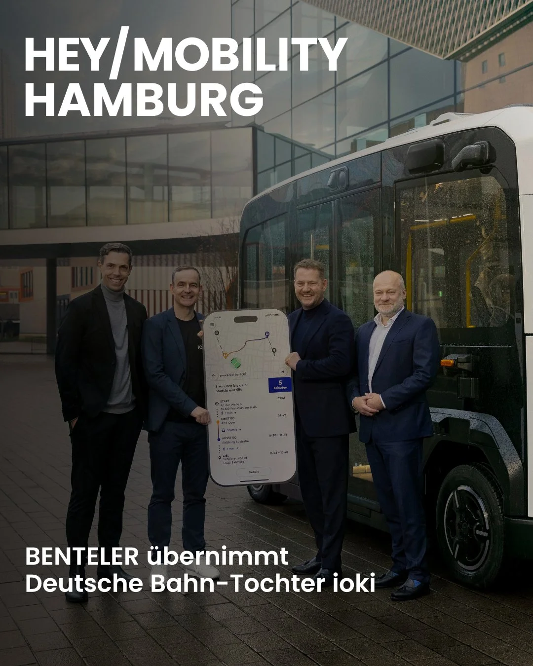 Die BENTELER Gruppe &uuml;bernimmt mit der ioki GmbH den f&uuml;hrenden europ&auml;ischen Anbieter f&uuml;r software-basierte Mobilit&auml;t von der Deutsche Bahn AG. Beide Unternehmen unterzeichneten eine entsprechende Vereinbarung.
https://hey-hamb