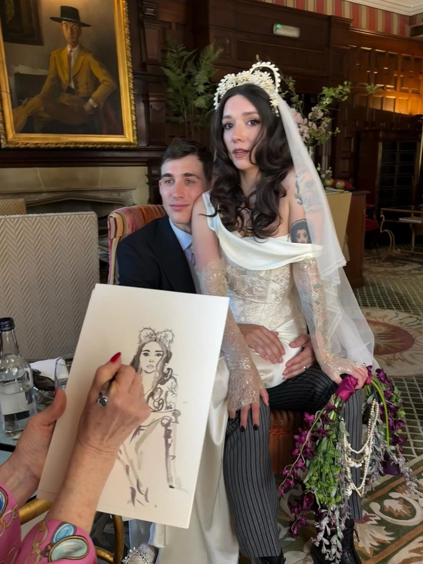Such a joy creating black ink portraits for this beautiful couple @thisiszuzu s magical, whimsical &amp; creative intimate wedding set in the divine @milestone_hotel .  So special to finally meet them both &amp; draw all their gorgeous guests &amp; f