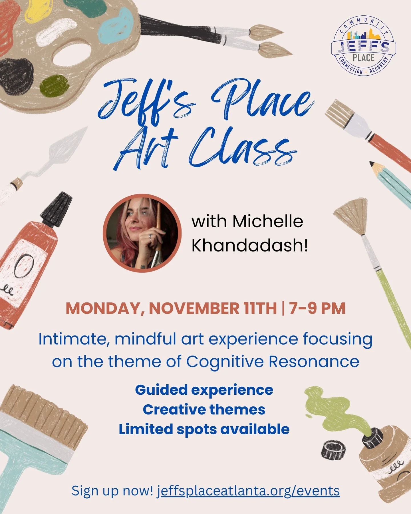 Jeff&rsquo;s Place welcomes artist Michelle Khandadash to facilitate a mindful art experience for us next week! Spots are extremely limited so sign up at the link in our bio for a creative and joyful evening! 🎨🖌️