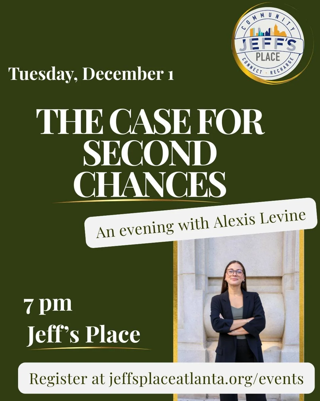 Save the date for an inspiring evening of stories of grit and growth as we welcome Alexis Levine to Jeff's Place.

Registration is free at the link in bio!