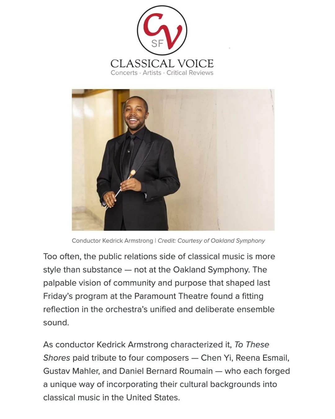 We are deeply grateful to Classical Voice (@sfclassicalvoice) and to composer and writer George Papajohn for this thoughtful and beautifully articulated review of Oakland Symphony&rsquo;s Mission is Mirrored in the Music (February 24, 2026).

The wor
