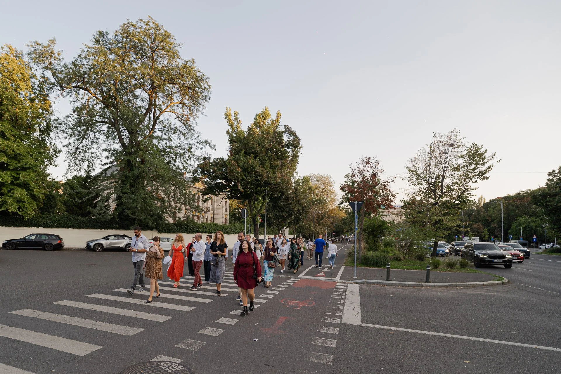 A group of diverse people crossing a street at a pedestrian crosswalk in an urban area during daytime, with trees and parked cars along the street.