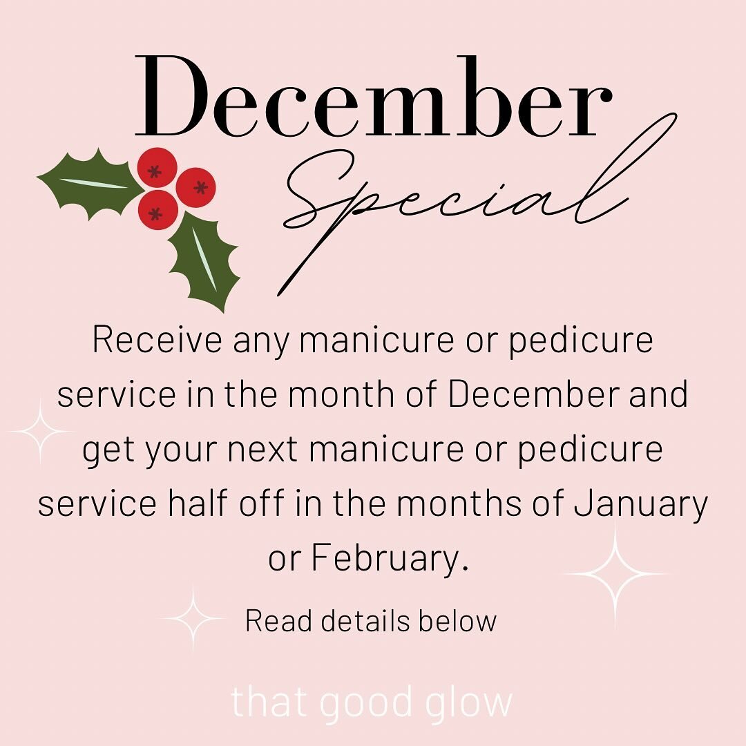 It&rsquo;s simple! Book a manicure or pedicure service in December and get your next nail service (only if booked in January or February) for half price! 
✨ your appointment in January or February must be of equal or lesser value 
✨ nail services inc
