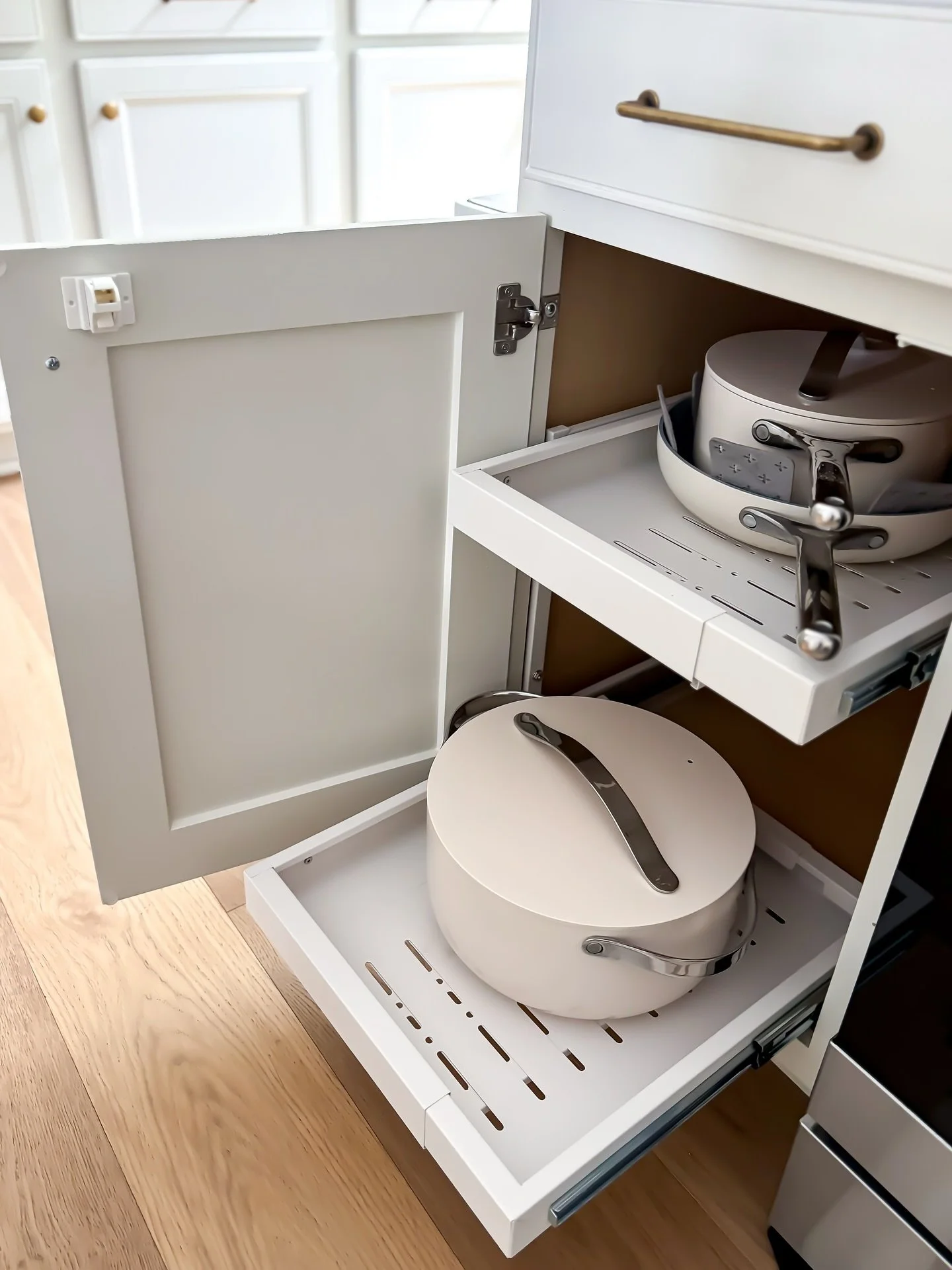 BEFORE + AFTER 

These adhesive two tier cabinet pull outs have quickly become a favorite solution for cabinets lacking shelving.  They immediately add easy access and double the available square footage for storing more items. The best part the can 