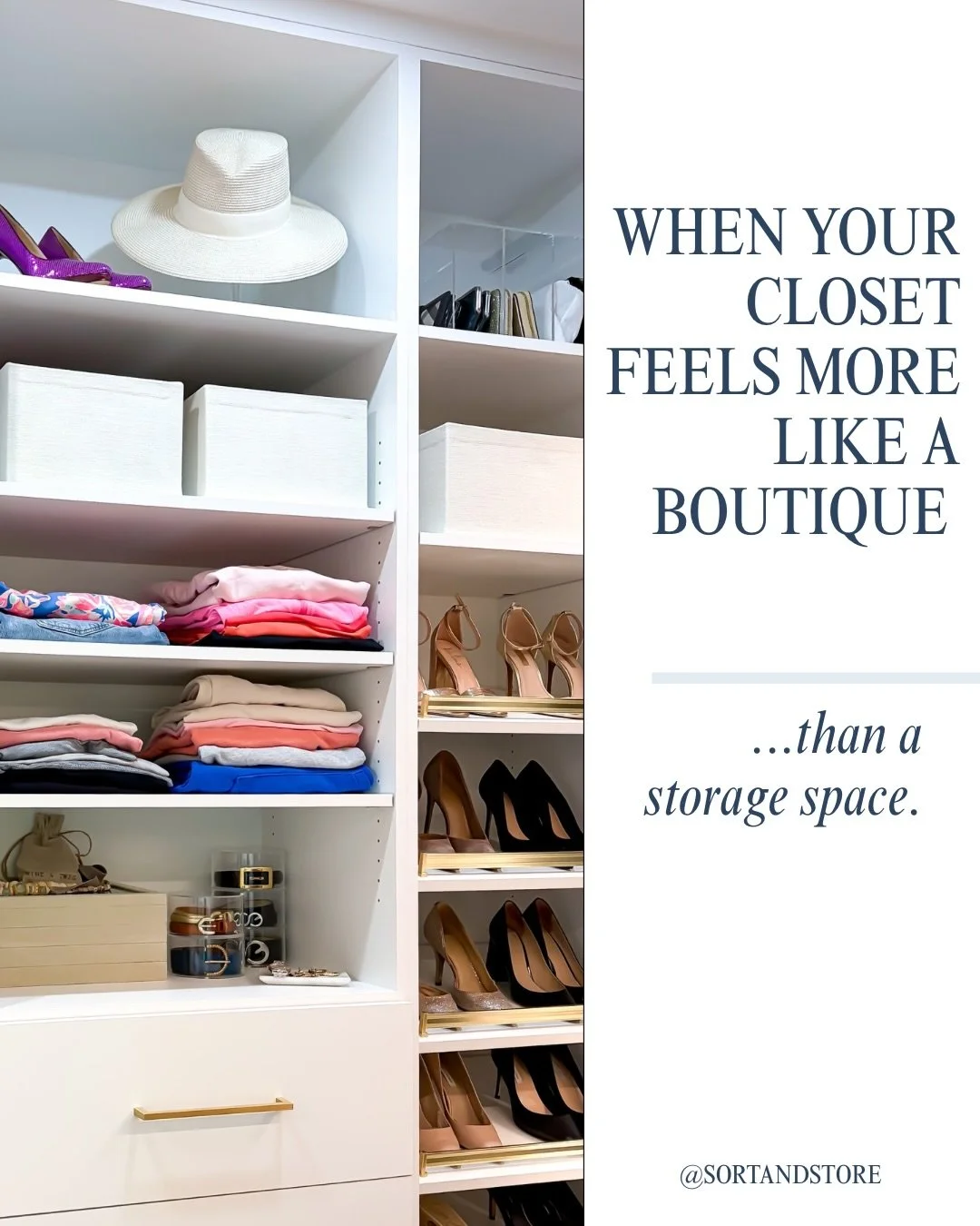 A closet can be organized and still feel beautiful.

For this primary closet, the goal was to create a space that felt more like a boutique than a storage room, while making it easy for two people to find, see and enjoy what they already own.

We cre