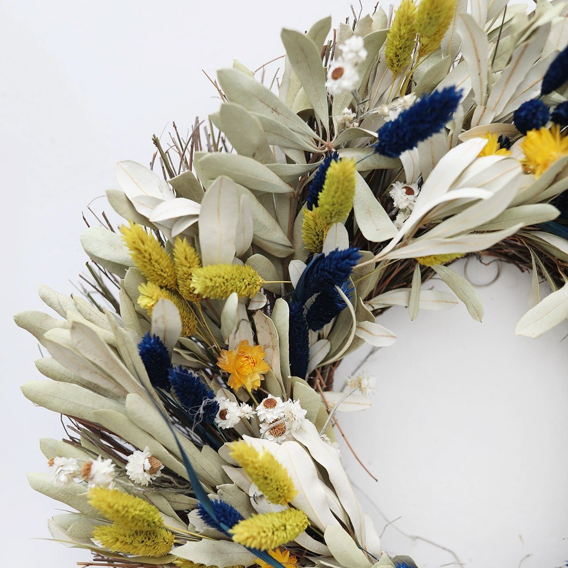 Blue Yellow Phalaris Grass and Strawflower Dried Wreath, Afloral