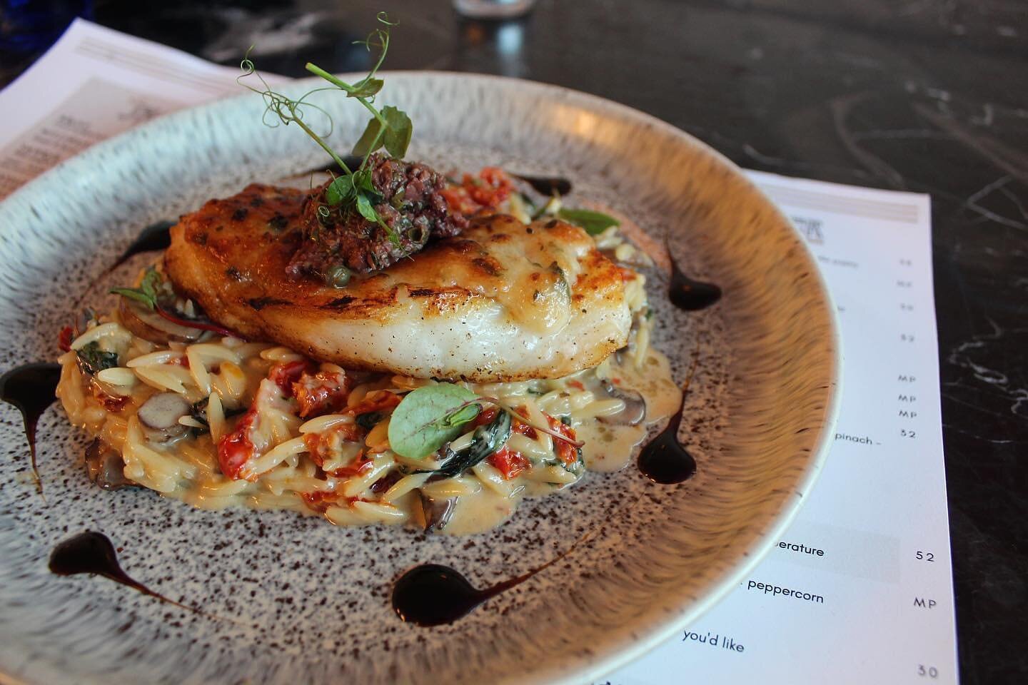 Parmesan crusted Sea Bass &bull; creamy Tuscan orzo &bull; Kalamata caper tapenade 
🚨Remember that fish specials change every week