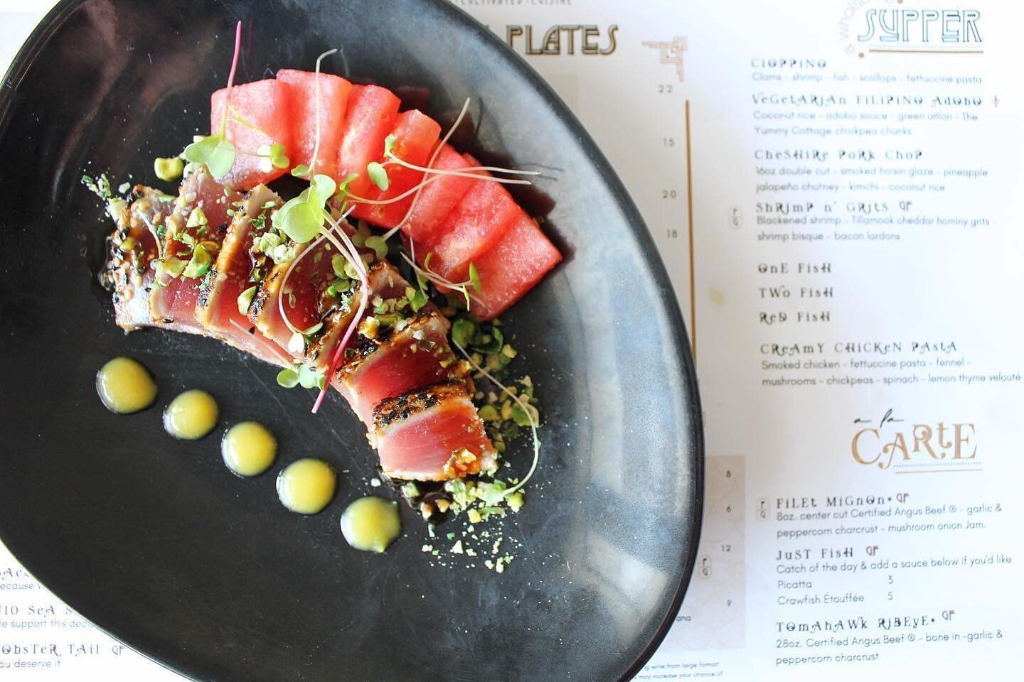 Sesame &amp; wasabi dusted yellowfin tuna- tequila and orange pressed watermelon- mango oculus- wasabi pea crumble