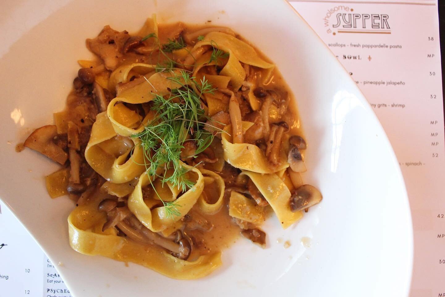 The &ldquo;Psychedelic Pasta&rdquo;. Fresh pappardelle pasta- chefs exotic blend of mushrooms- finished with garlicky goodness