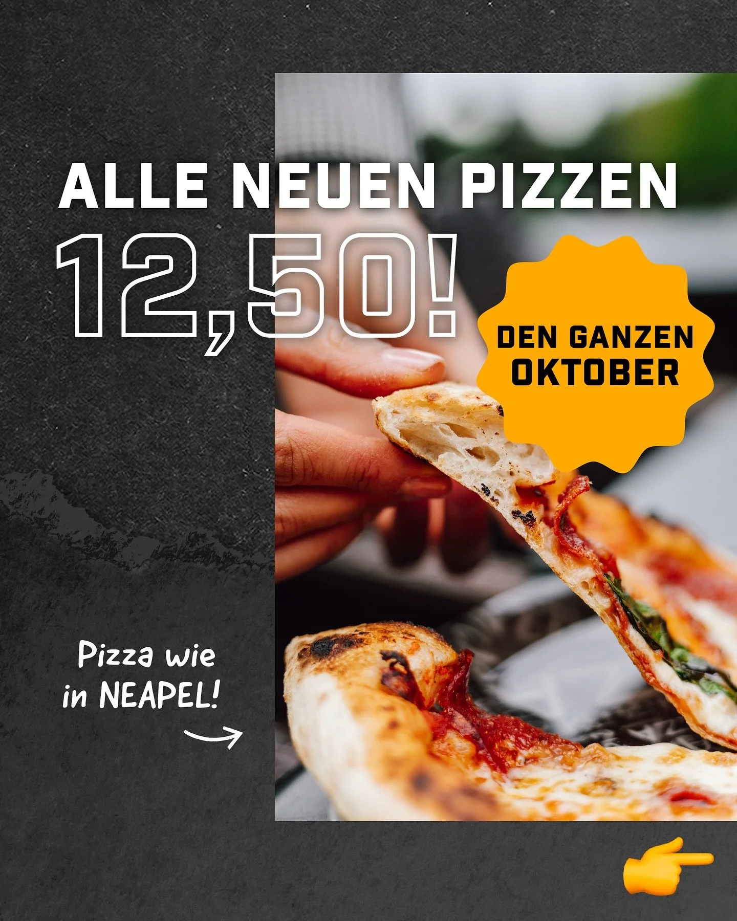 ACHTUNG! Wir verl&auml;ngern unser Angebot! 🍕🤩
Da wir so gutes Feedback zu unseren neuen Neapolitanischen Pizzen bekommen haben, wollen wir euch weiterhin die M&ouml;glichkeit geben, sie zu probieren 🥰 DEN GANZEN OKTOBER habt ihr die M&ouml;glichk