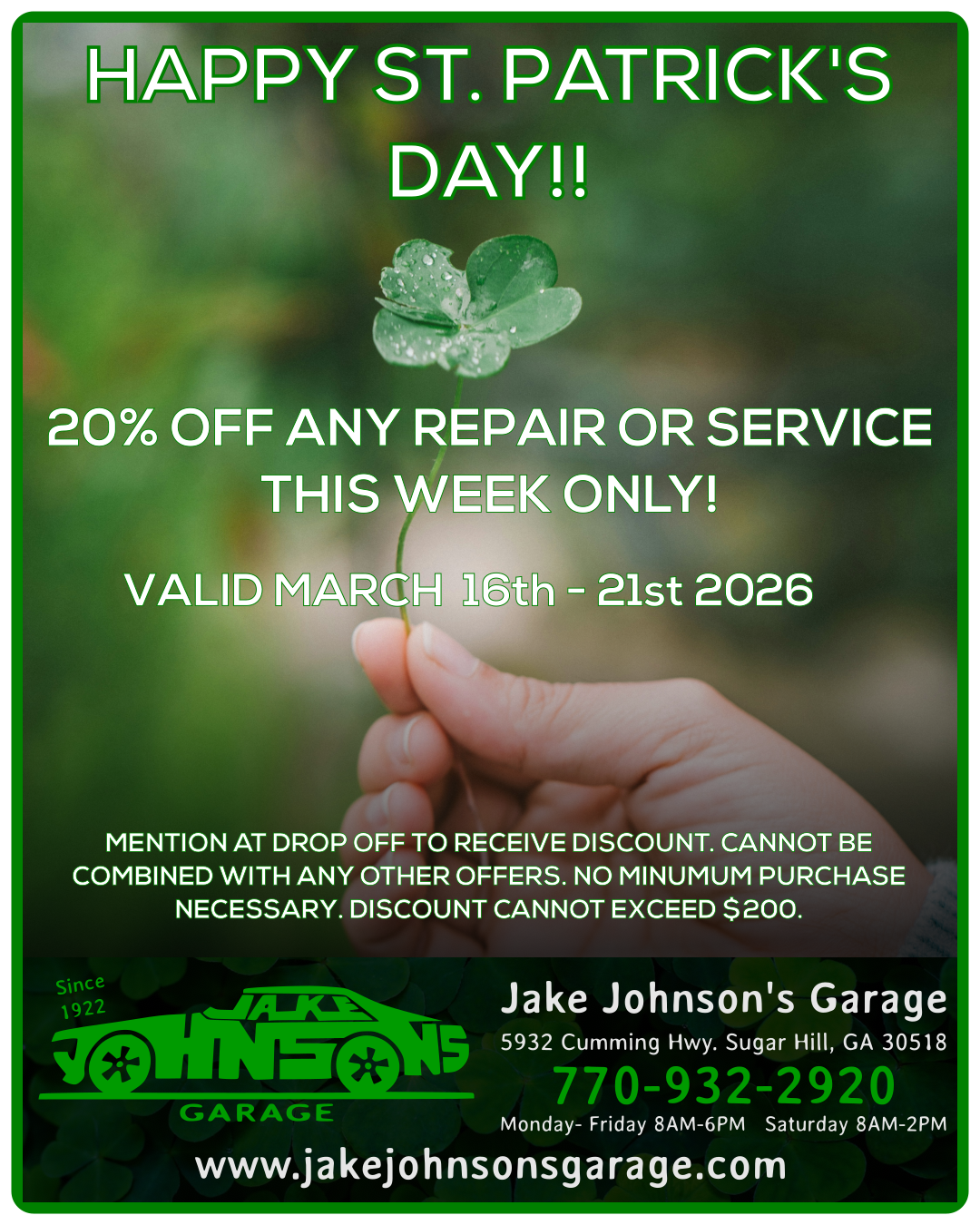 Happy St. Patrick's Day - Take 20% off any repair or service!