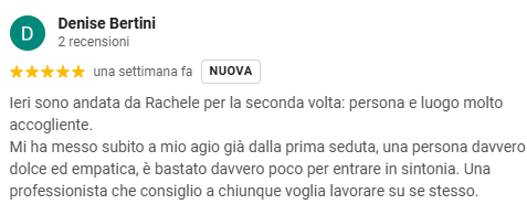 Recensione di Denise Bertini con cinque stelle, riferendo un'esperienza positiva su metodo D.E.A. Rachele Astrea Bonaldo, sottolineando l'empatia della persona incontrata.