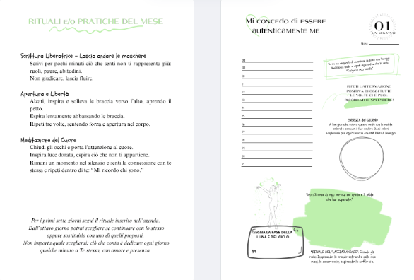 Agenda Annuale di crescita personale e spirituale per la donna consapevole esempio rituali e pagina interna