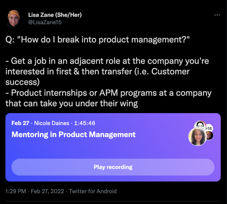 Tweet that reads, "I've been doing a lot of intro calls lately with product managers who are unhappy in their current roles and want to make a transition.

What's ONE piece of advice you would give a PM in this situation?"