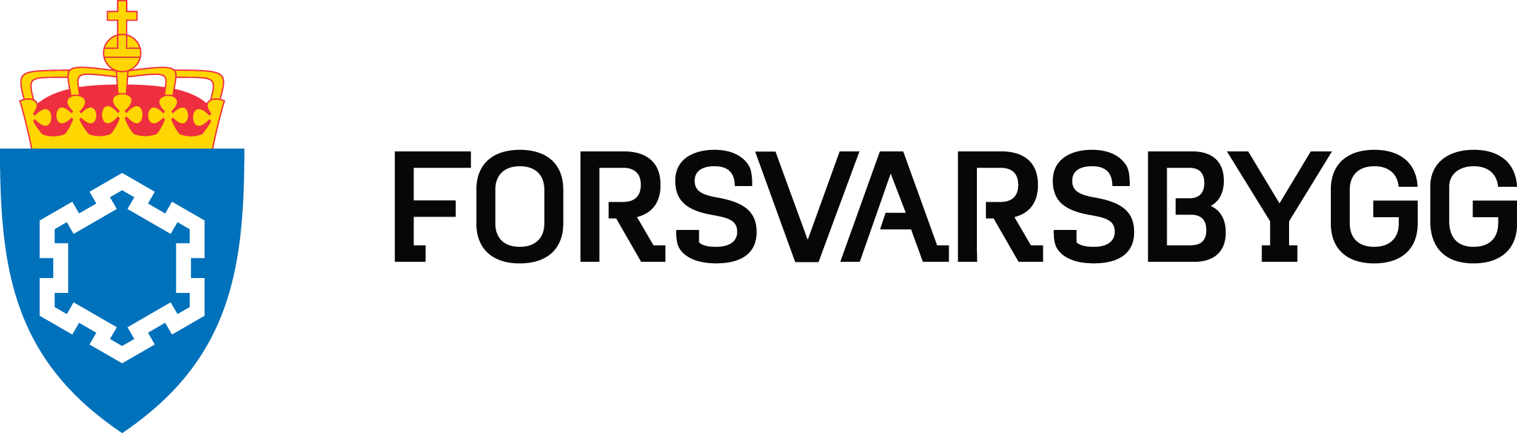 Logo av Forsvarsbygg med et skjold som har en krone på toppen og en hvit firkantet kretsløp på en blå bakgrunn.