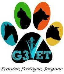 Logo représentant une empreinte de patte avec des silhouettes d'animaux (chat, chien, cheval, vache) et le texte 'Ecouter, Protéger, Soigner', sous le nom 'G3 VET'."
