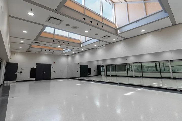 Empty modern indoor space with large skylights, white walls, mirrored wall, and black doors.