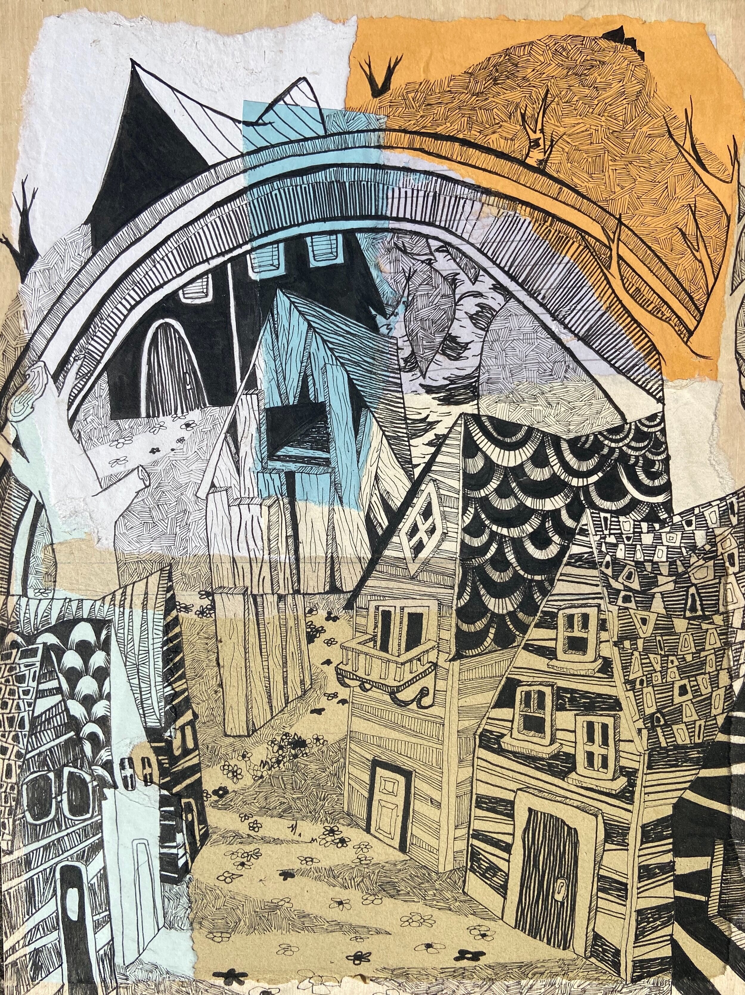   2020, Ink on Collaged Paper, Mounted on Wood, 12”x9”Inches  