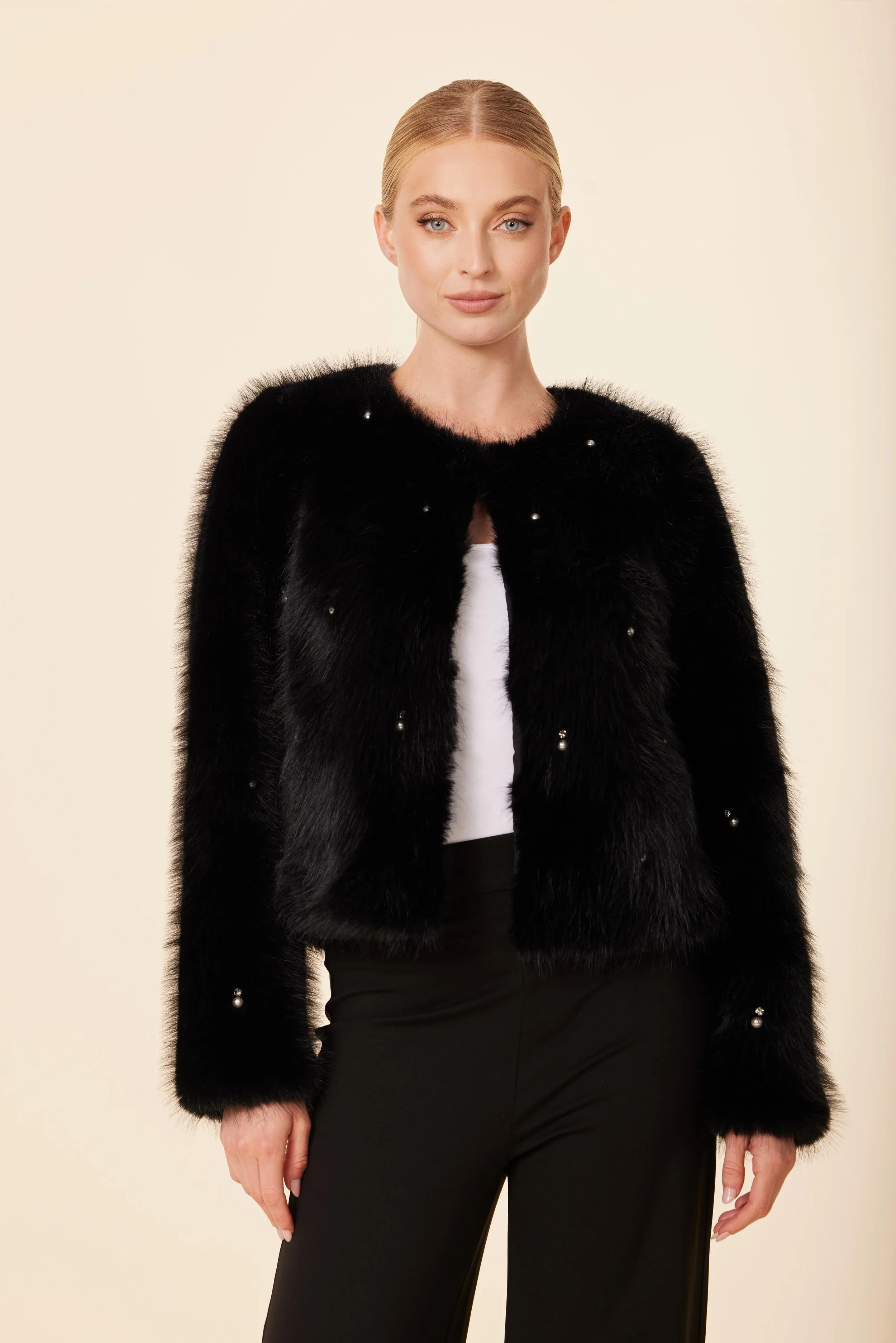 Embellished Pearl And Rhinestone Faux Fur Jacket by Dolce Cabo
