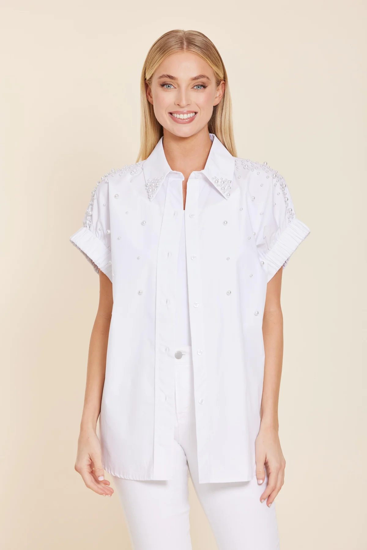 Poplin Pearl Embellished Collar Shirt - white