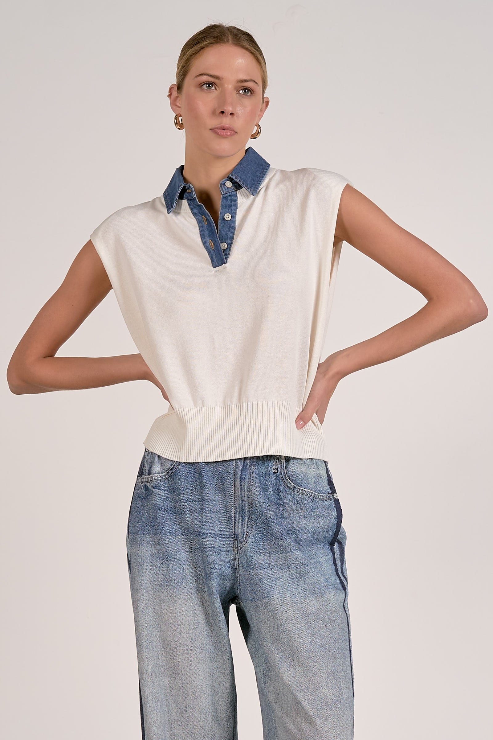 Elan Cap Sleeve Denim Accent Sweater