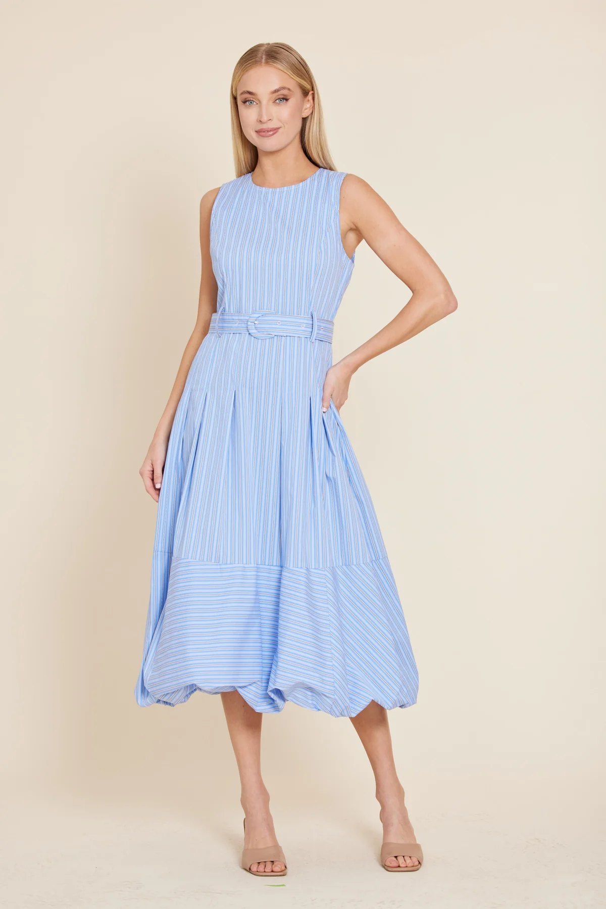 Poplin Belted Bubble Midi Dress by Dolce Cabo