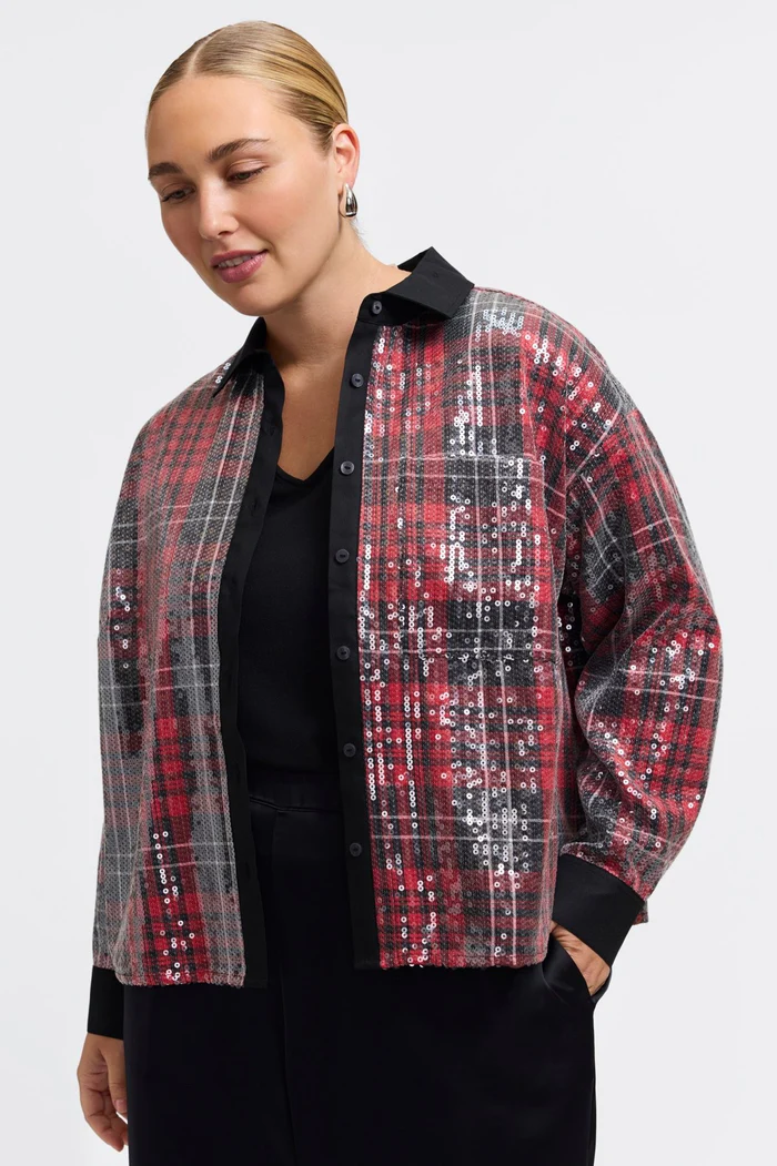 Marina Plus Sequined Long Sleeve Short Shirt - Red