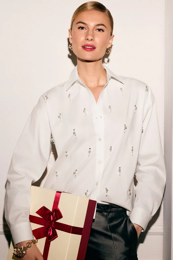 Marina Pearl & Rhinestone Appliqué Long Sleeve Short Shirt