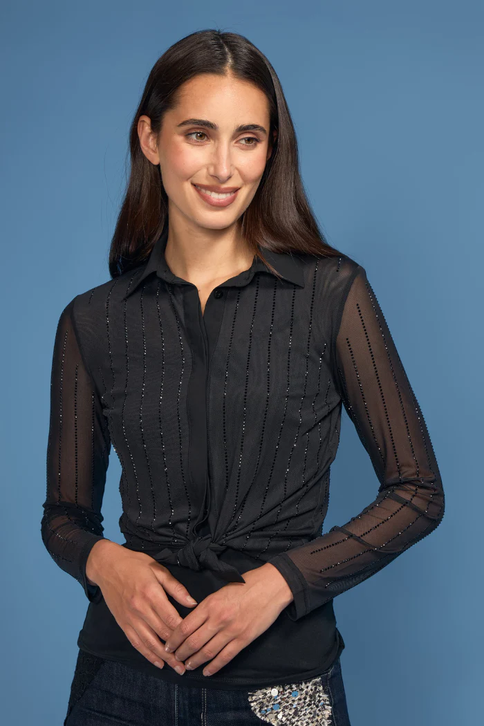 Rhinestone Pinstripe Button Down Blouse By OO LA LA