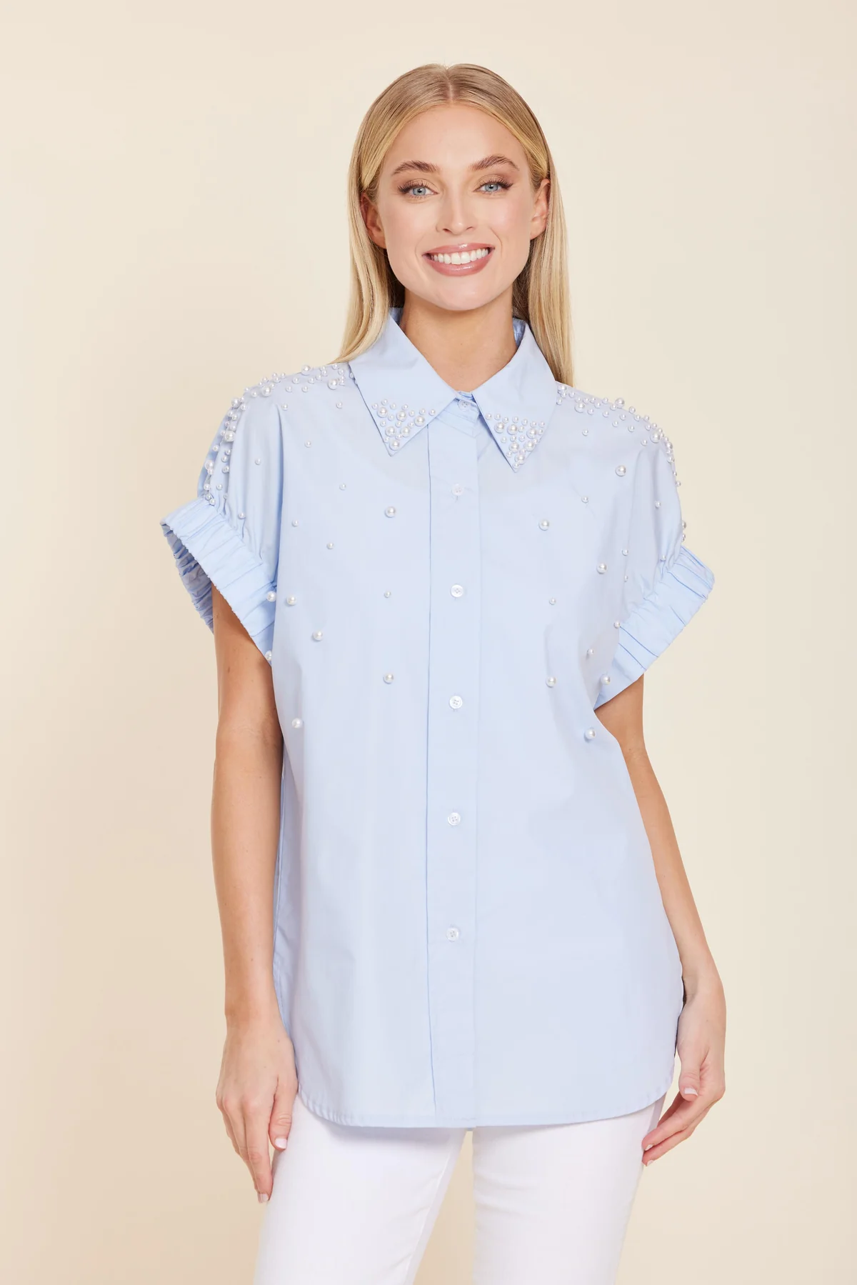 Poplin Pearl Embellished Collar Shirt - Blue
