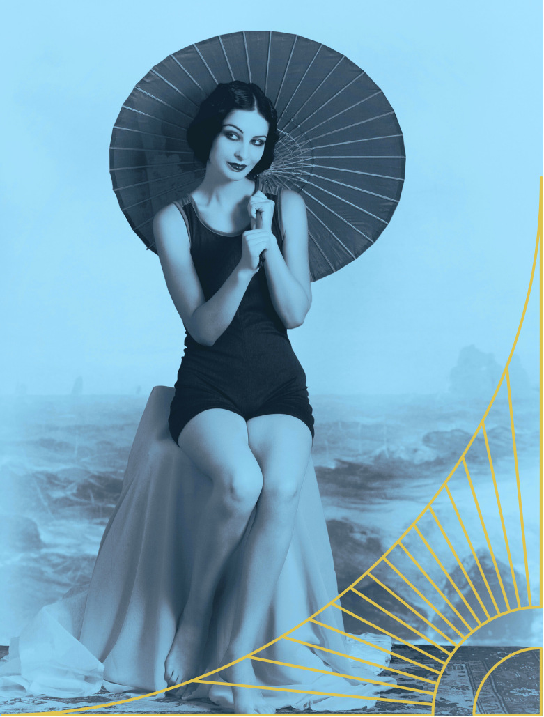 A woman wearing a black dress, sitting on a cloth-covered stool, holding a parasol, against a backdrop with ocean waves and a cloudy sky, with gold decorative lines in the foreground.