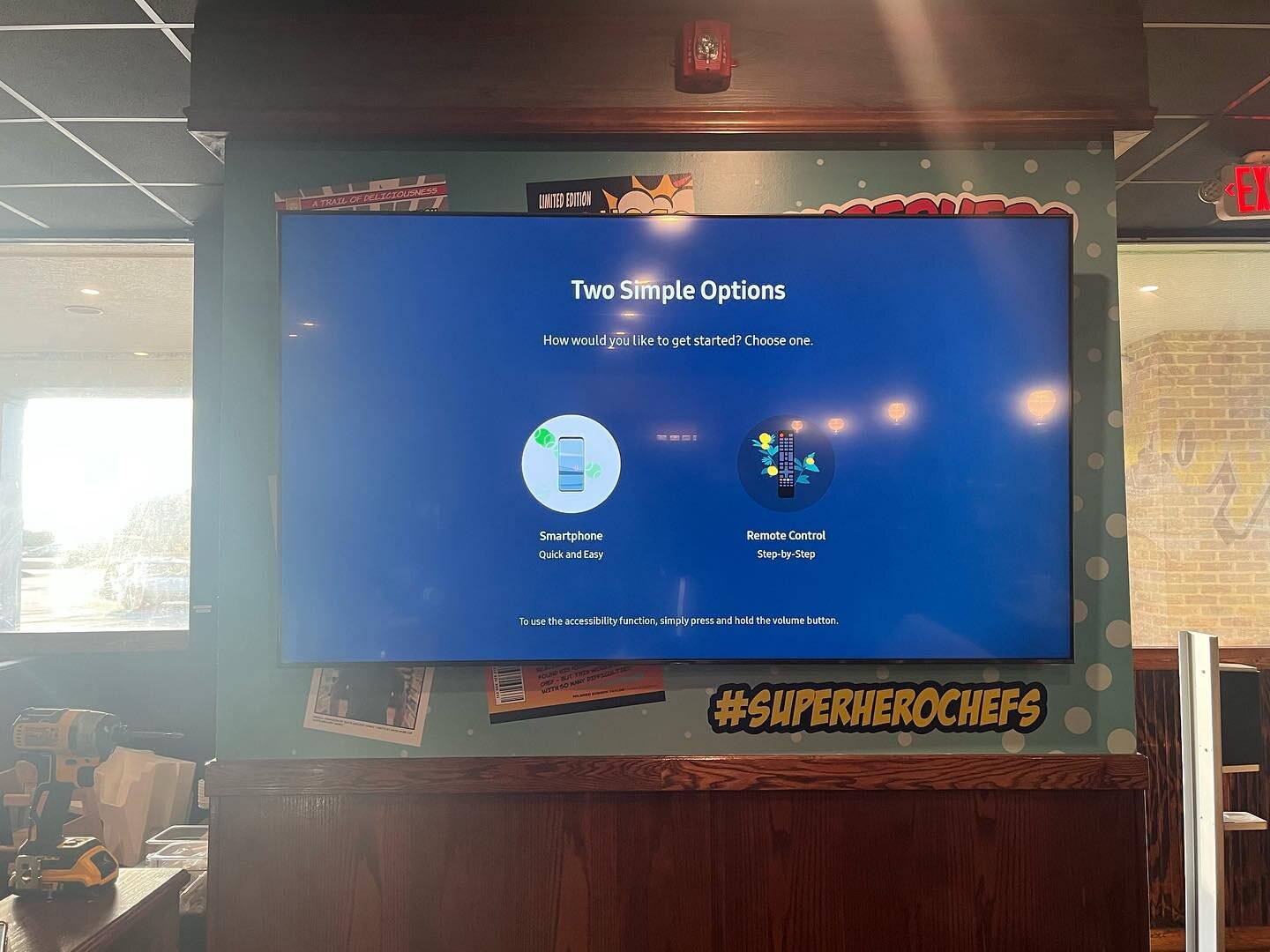 Thanks to our returning customers at Super Hero Chef&rsquo;s for allowing us to come in today and mount this 85&rsquo; Samsung on a full motion mount.  We also added a electrical outlet behind the unit to complete the look. 

We truly appreciate this