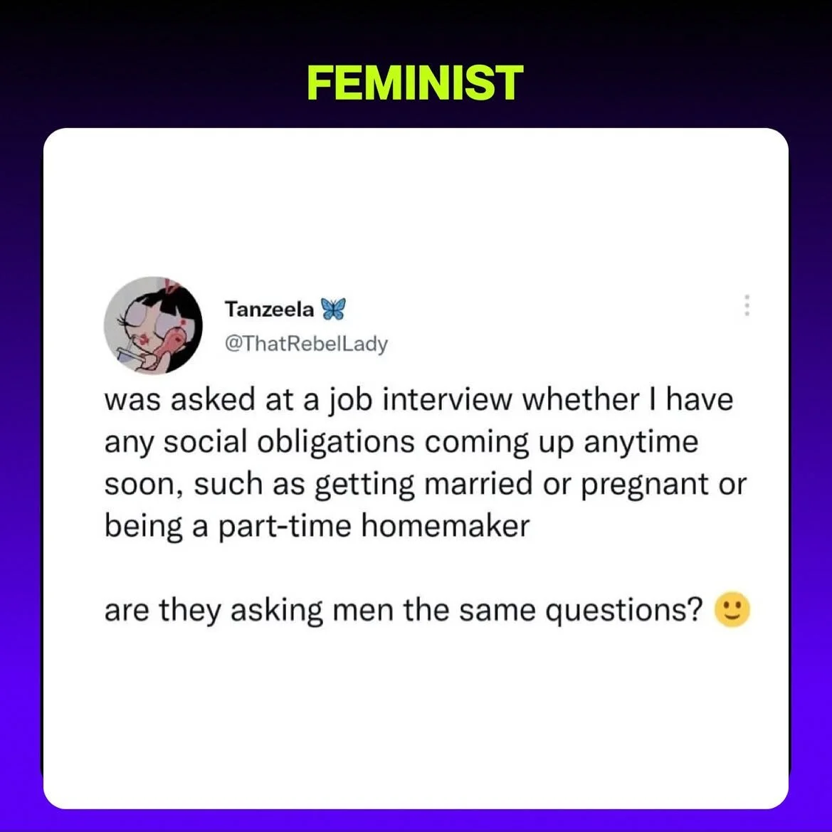 ✍️ by @thatrebellady 💬 &ldquo;they don't ask men these questions because it's assumed that the women in their lives would be taking care of those things 🙄&rdquo;

:

#feminism #feminist #smashthepatriarchy #misogyny #humanity #humanrights #equality