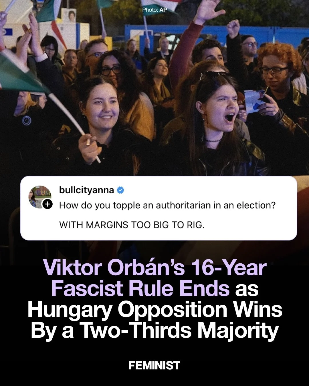 Hungary didn&rsquo;t just elect a new leader&hellip; they flipped 2/3 of parliament and dismantled a 16-year authoritarian system that was headed towards fascism.

🎞️&nbsp;@perezbrenna /TikTok 

The election marked a structural shift in power, not j