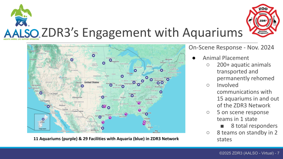 A slide from a presentation with the title "ZDR3's Engagement with Aquariums". The slide has a map on it showing the United States with icons for facility locations around the country