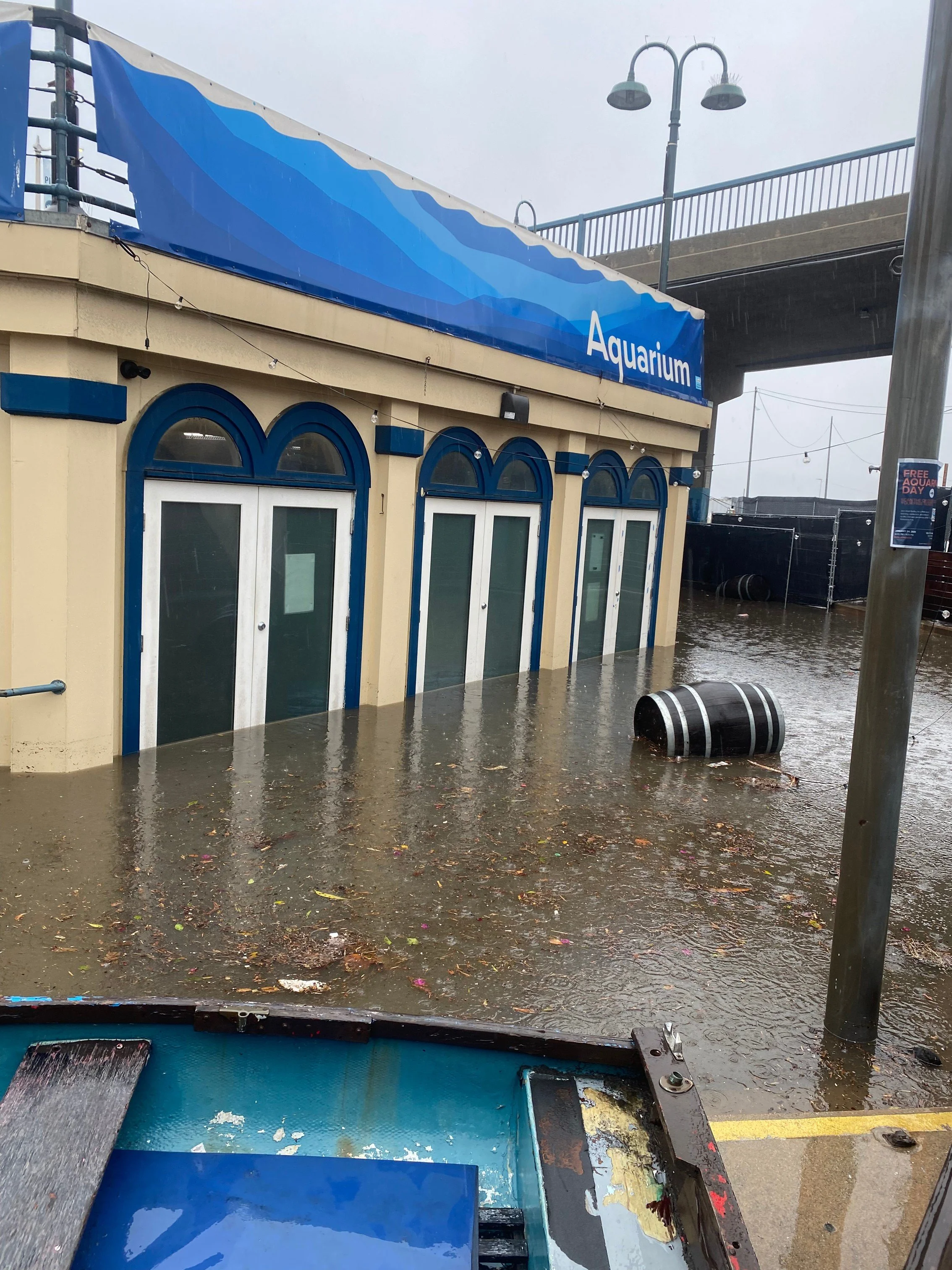 Exterior of an aquarium building in flood waters with barrel floating in front