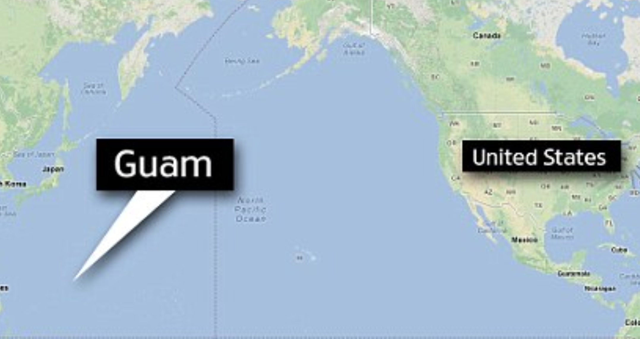 A map with the labels “Guam” and “United States” shows the distance between the island and the US mainland.