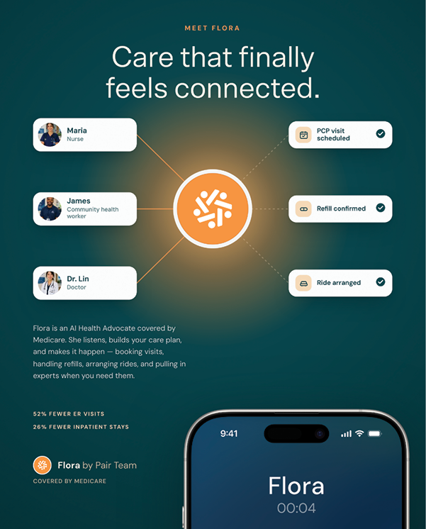 Flora, Pair Team’s first AI agent, capable of having lengthy conversations with the Pair Team’s almost 30,000 high-needs patients.