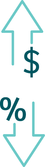 Arrow pointing up with dollar sign and an arrow pointing down with a percent sign.