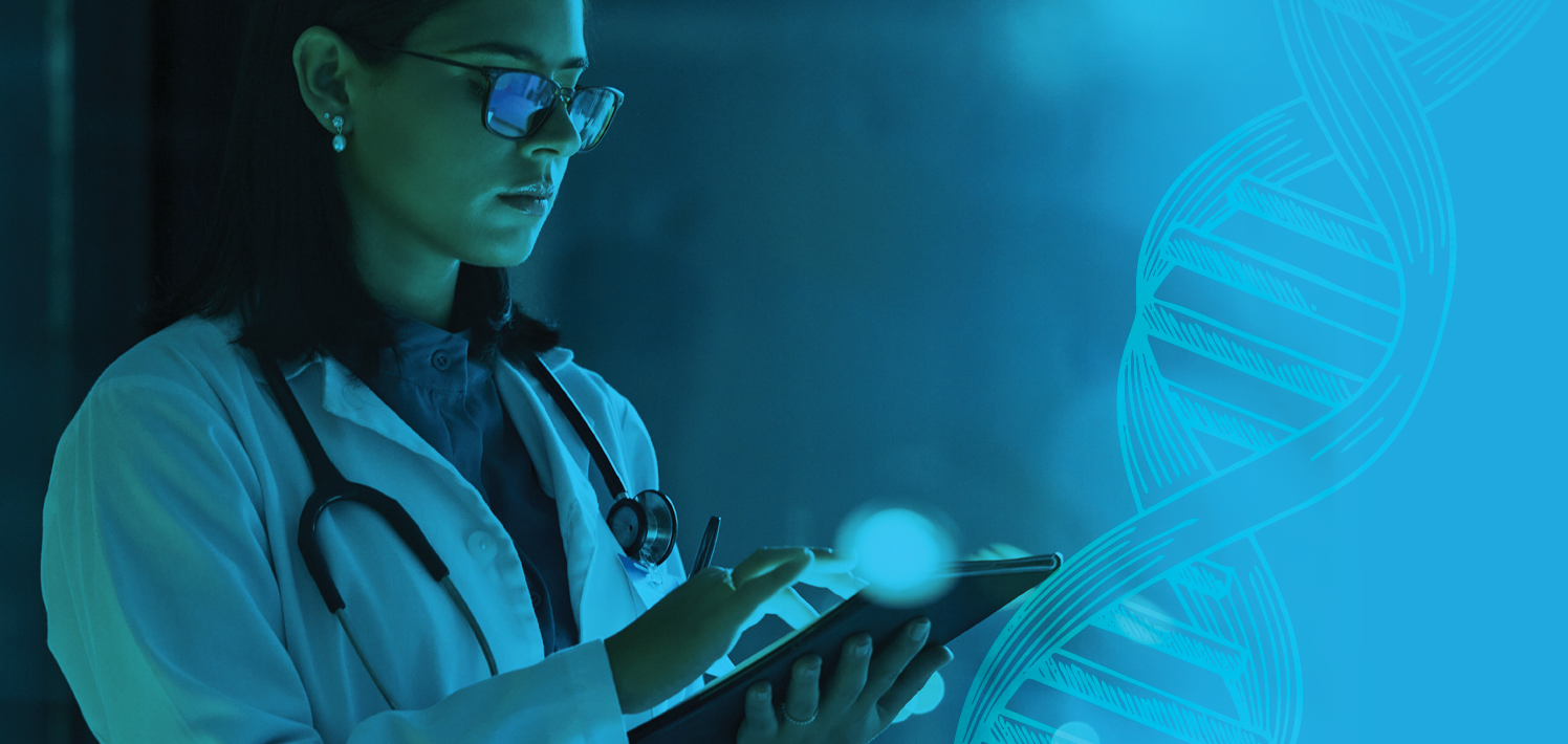 Female doctor interacting with an iPad.