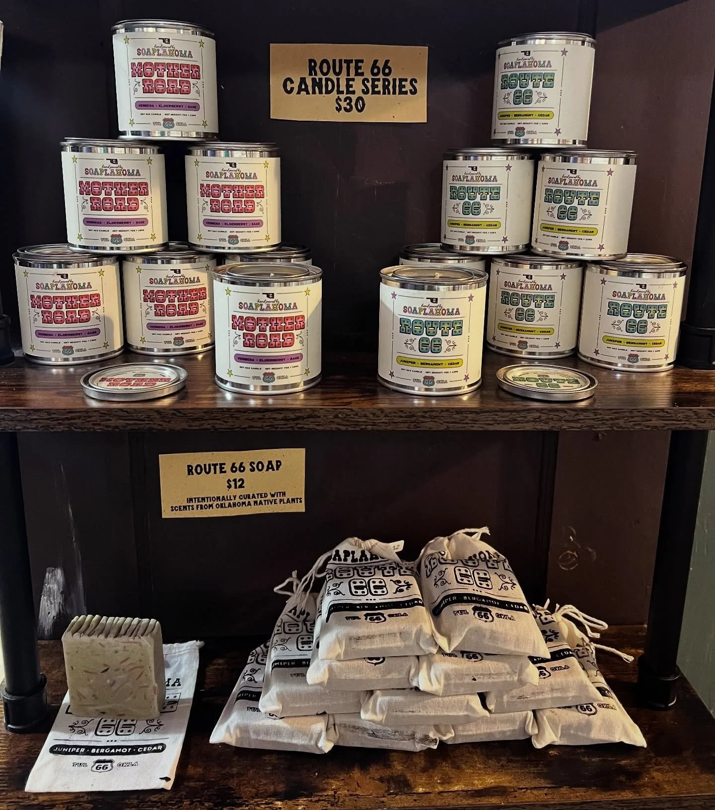 Our Route 66 candles and soaps are freshly restocked! Stop by @meadowgoldmack 7 days a week to get yours! 🛣️