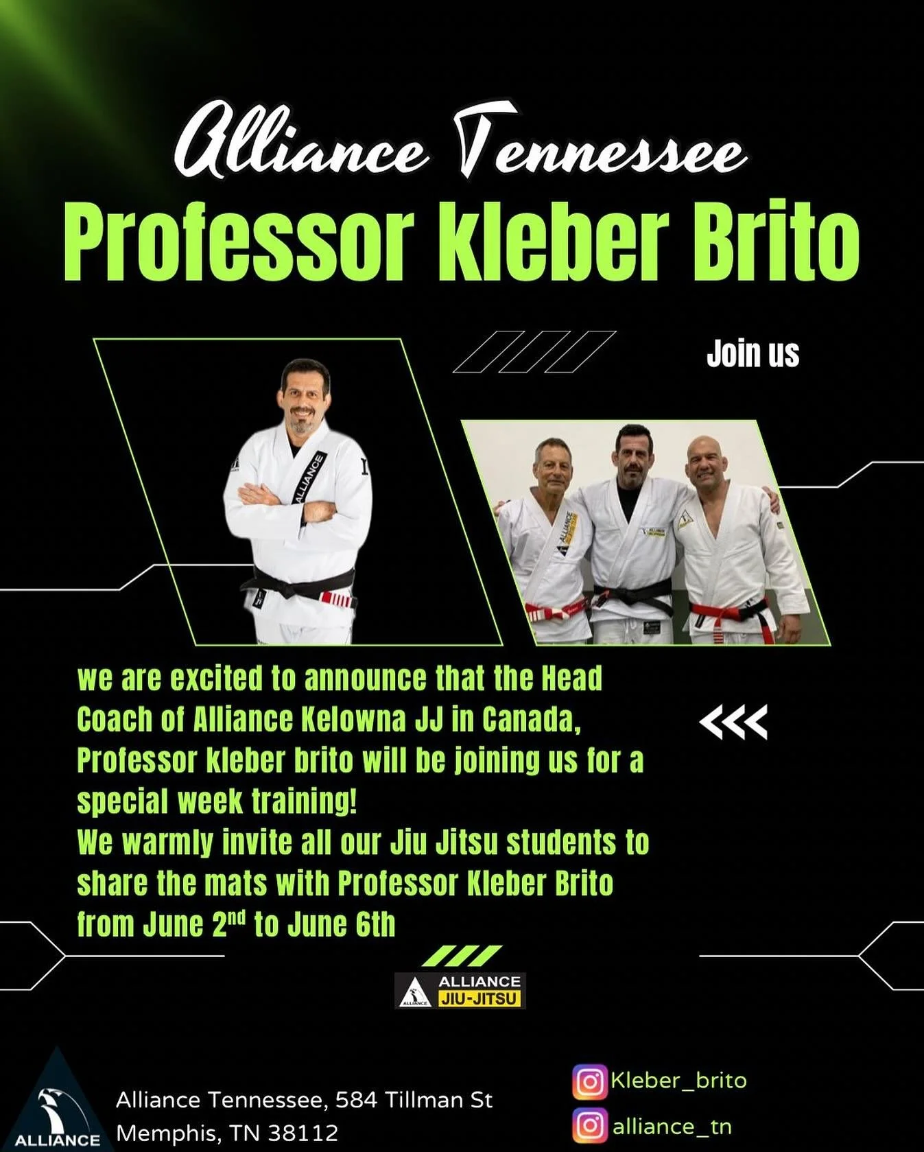 We are excited to announce that the Head Coach of Alliance Kelowna Jiu-Jitsu in Canada, Professor Kleber Brito @kleber_brito will be joining us for a special week of training! 
We warmly invite all our Jiu-Jitsu students to share the mats with Profes